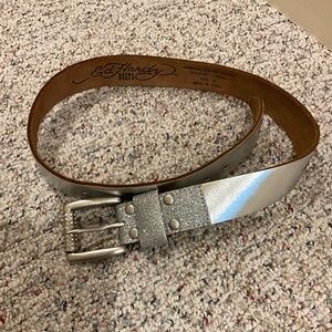 Ed Hardy Silver Metallic Leather Belt